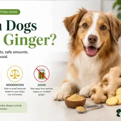 A dog nutrition guide asks "Can Dogs Eat Ginger?" showing a happy dog, fresh ginger, and advice on safe amounts and what to avoid.