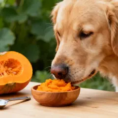 A golden retriever enjoys a healthy meal of pumpkin for dogs from a wooden bowl, with a halved pumpkin nearby.