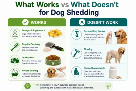 Learn why is my dog shedding so much. This infographic shows what works (Omega-3, brushing, diet, bathing) vs. what doesn't (sprays, shaving, cheap supplements).