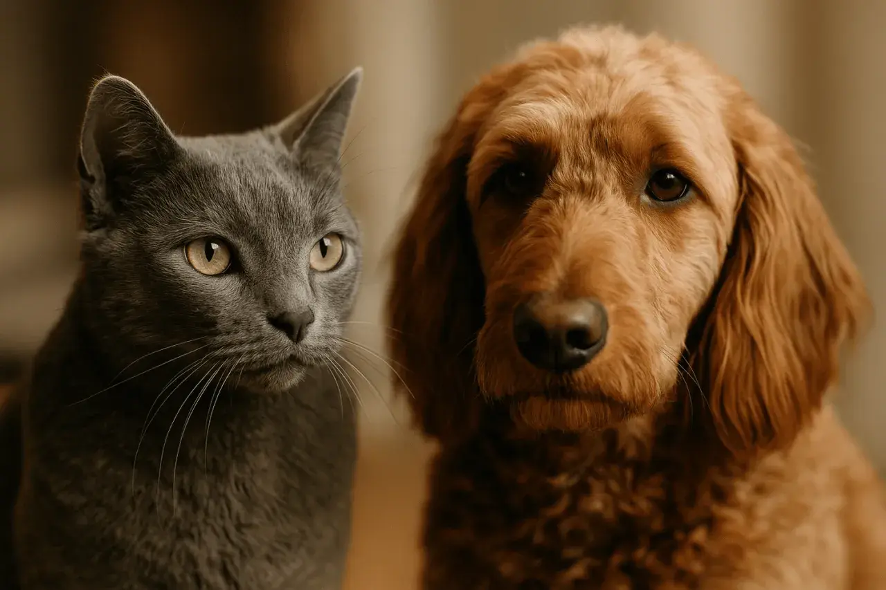 A grey cat and a golden doodle dog look into the camera. They seem to be pondering if cats live longer than dogs.